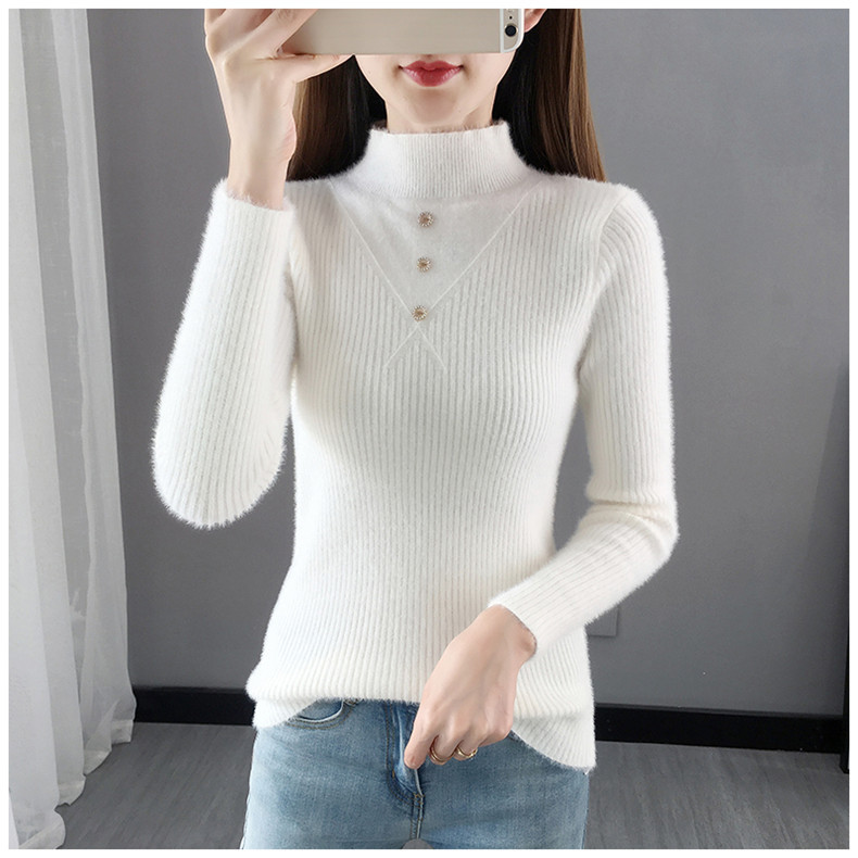Hàng nhập - Áo len lông thỏ ôm sát cổ 3 phân ngực phối nút basic - DL65141