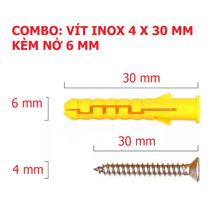 Set 10 nở nhựa màu vàng 6 - 8mm kèm vít inox 304 - hàng tốt, vít inox nở đóng tường chắc chắn, chống gỉ. kingler 5080