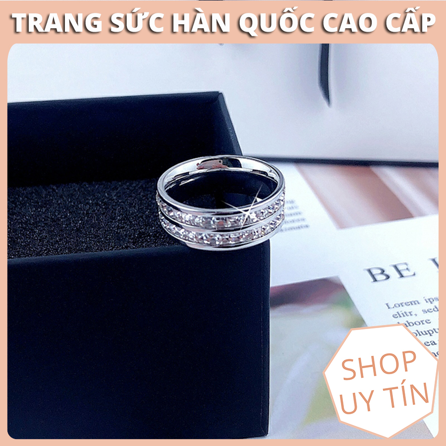 Nhẫn Đôi Nam Nữ Titan Cao Cấp Ko Đen Đính 2 Hàng Đá