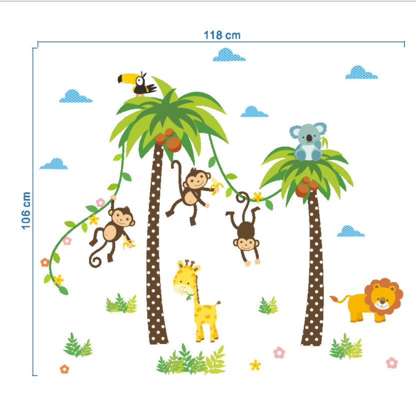 [HCM]Decal trang trí tường - 2 Cây Dừa và đàn thú tinh nghịch