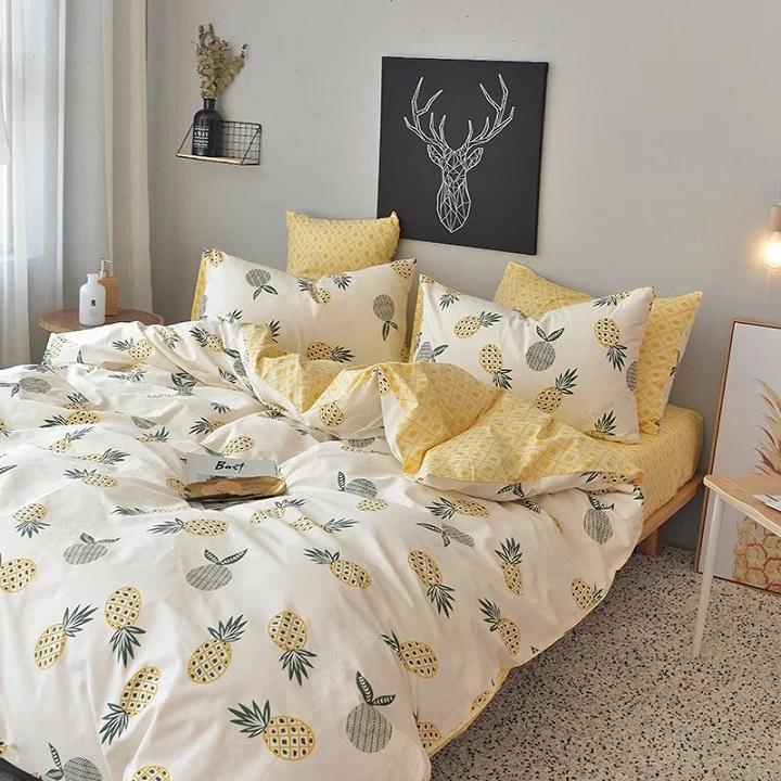 Bộ Chăn Ga Gối ( 01 Drap + 1 vỏ mền + 2 áo gối ) mẫu Dứa Vàng