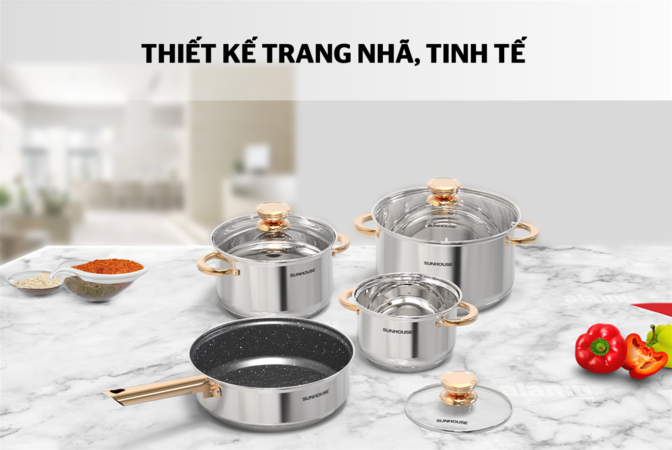 Bộ nồi chảo inox 5 ĐÁY SUNHOUSE SHG789 + tặng dao làm bếp màu đen