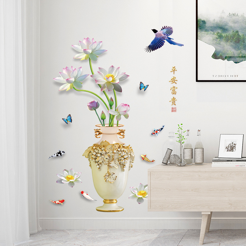Decal dán tường bình hoa sen trắng 3D SK 9373
