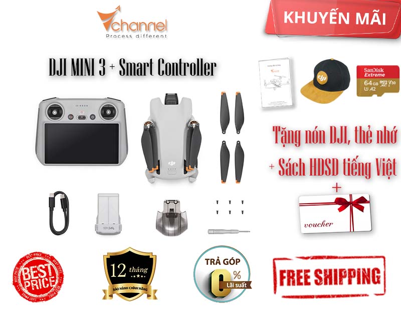 DJI Mini 3 (+DJI RC-N1) (+ DJI Smart Controller) bảo hành chính hãng 12 tháng * Tặng Thẻ Nhớ Sandisk 64G + Nón DJI *