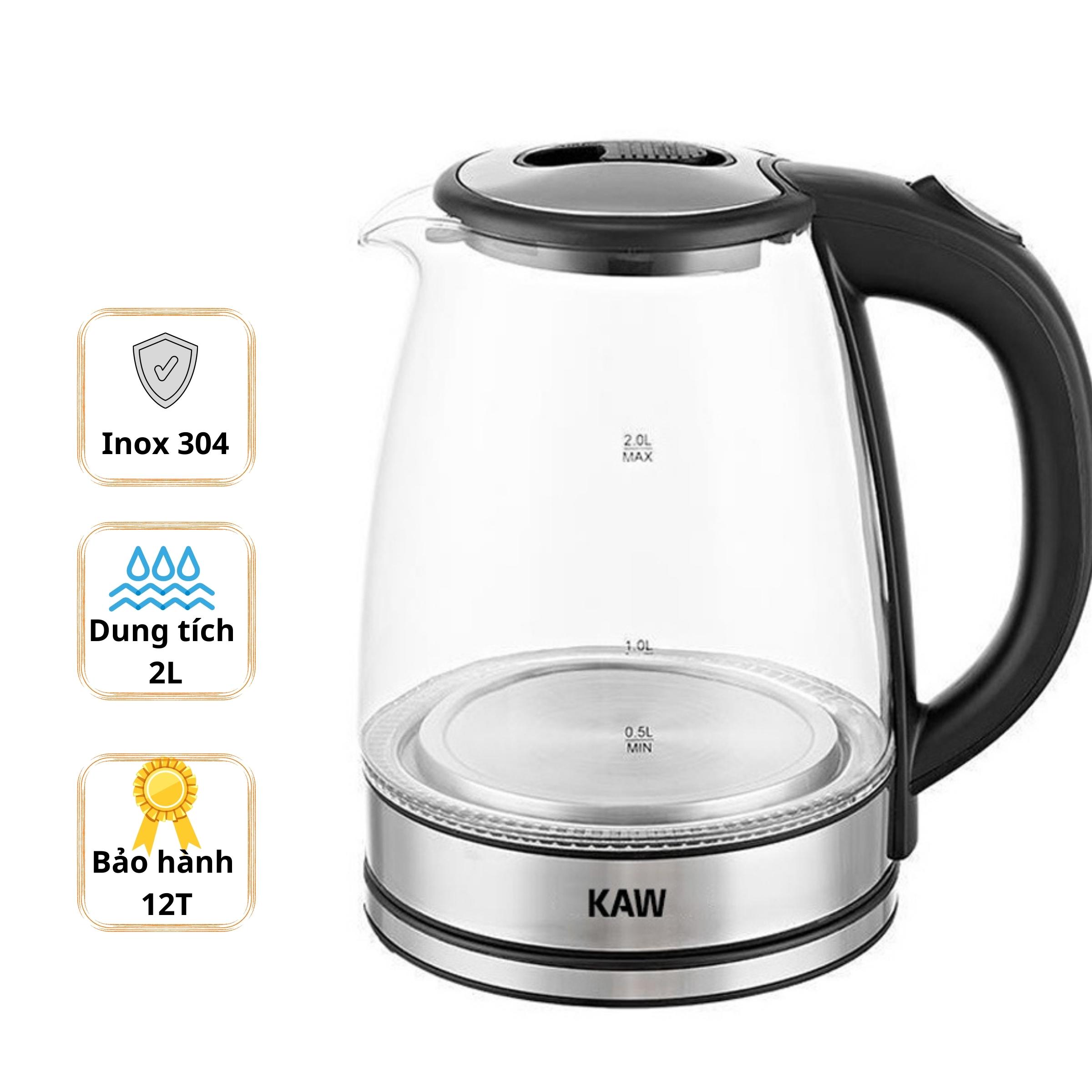 Ấm đun nhanh - ấm siêu tốc thuỷ tinh kaw - bình đun nước siêu tốc kaw cao cấp, dung tích 2l tiện dụng, siêu tiết kiệm điện – bảo hành chính hãng