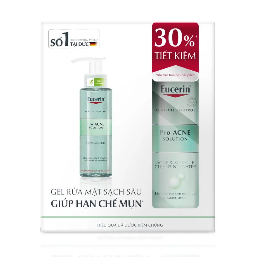 Combo Eucerin Làm Sạch Sâu Cho Da Mụn (Gel Rửa Mặt ProAcne 200ml & Tẩy Trang ProAcne Cleansing Water 200ml)