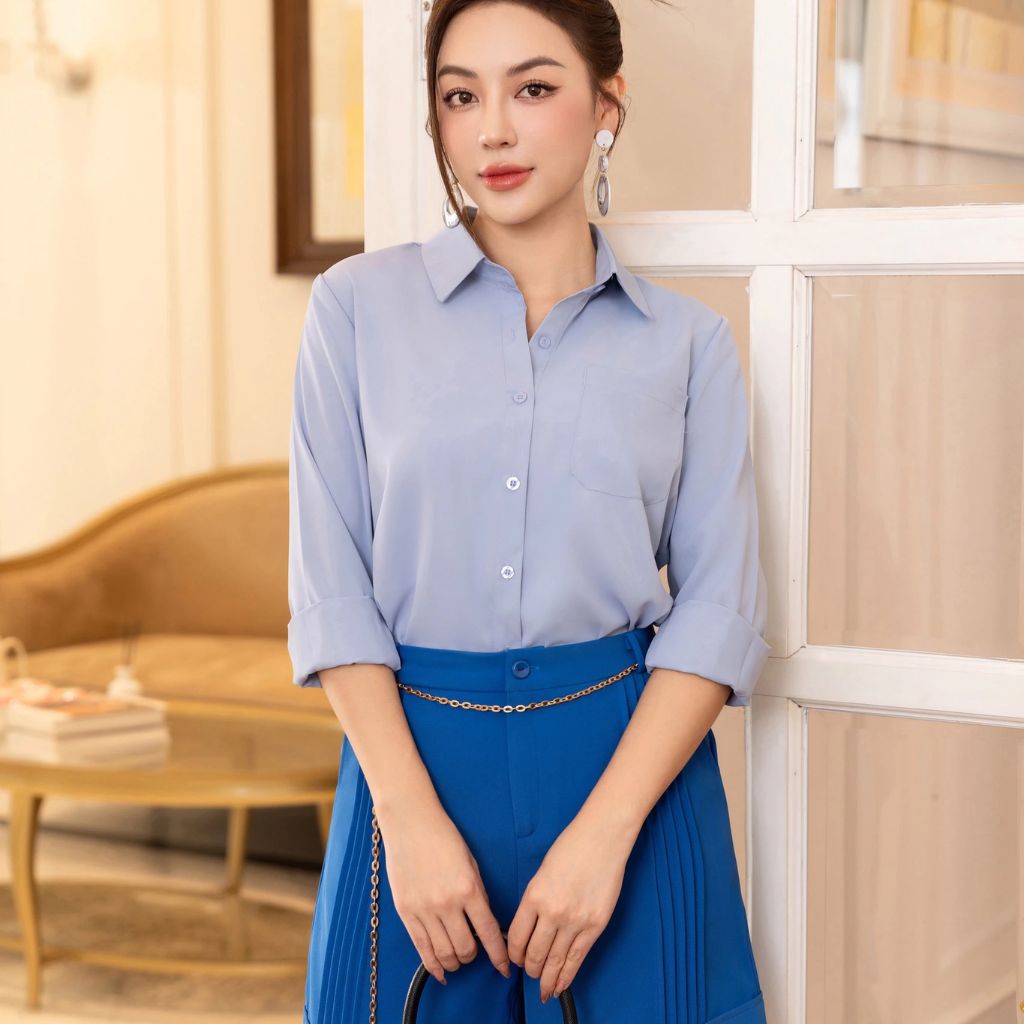 Áo Sơ Mi Cổ Đức Dáng Rộng NK Fashion Thời Trang Nữ Trẻ Trung Thanh Lịch Thiết Kế Cao Cấp Vải Nhập Hà