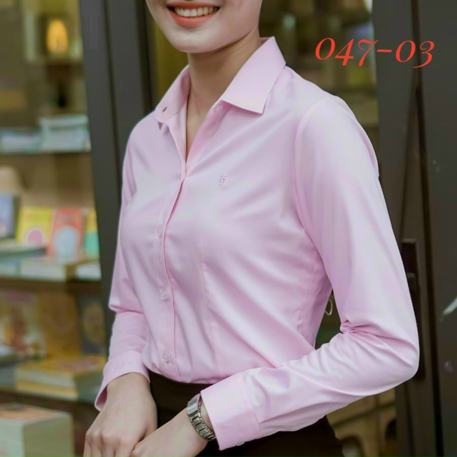 Thái Hoà Chính Hãng Áo sơ mi màu hồng trẻ trung vải trơn 047-03 8919-02
