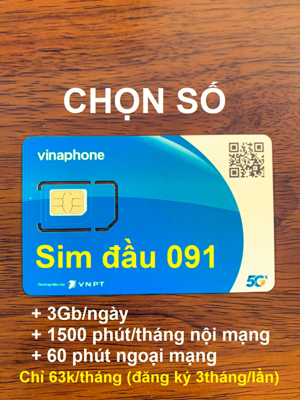 Sim 4G Vinaphone 90Gb/tháng Đầu 091-CHỌN SỐ ( 63K/tháng: 3GB/ngày, miễn phí 1500phút nội mạng, 60phút/tháng ngoại mạng, đăng ký combo 3 tháng/lần)