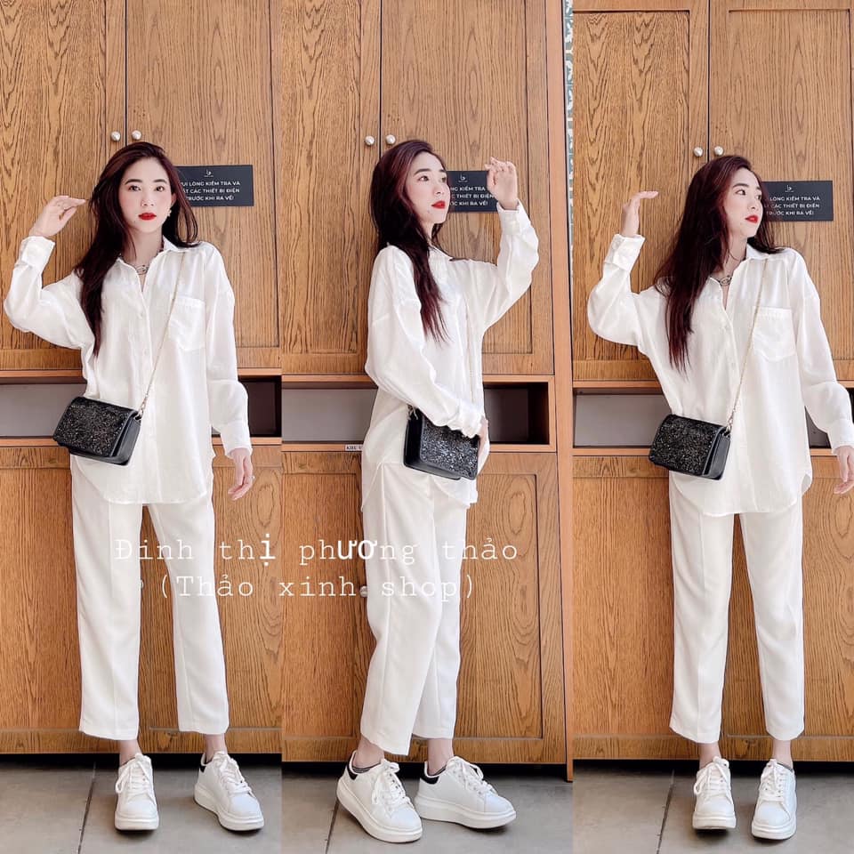 Sét đũi trắng cổ vét - bộ dài tay