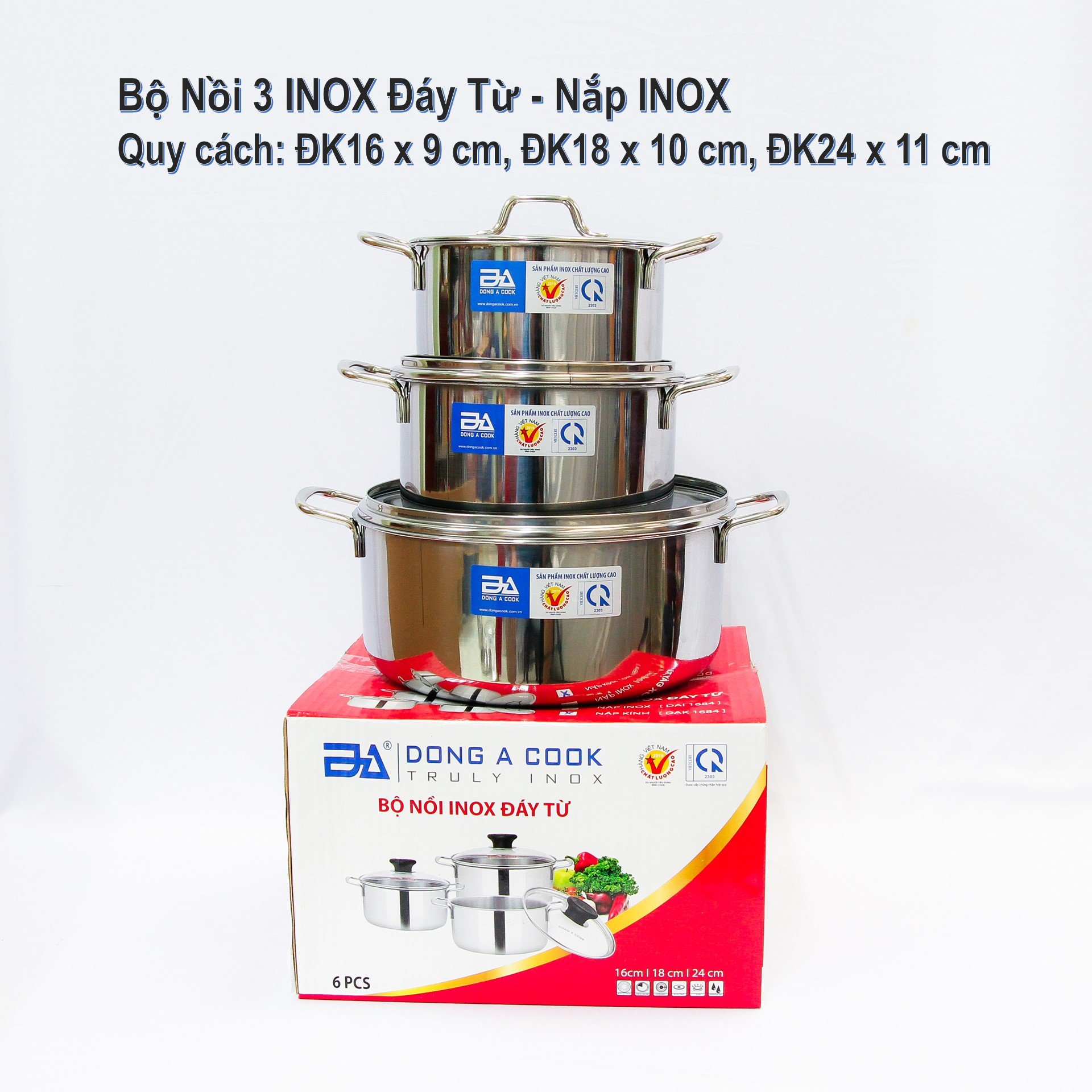 [HCM]BỘ 3 NỒI INOX ĐÔNG Á CHẤT LƯỢNG CAO ( nắp inox và nắp kính )