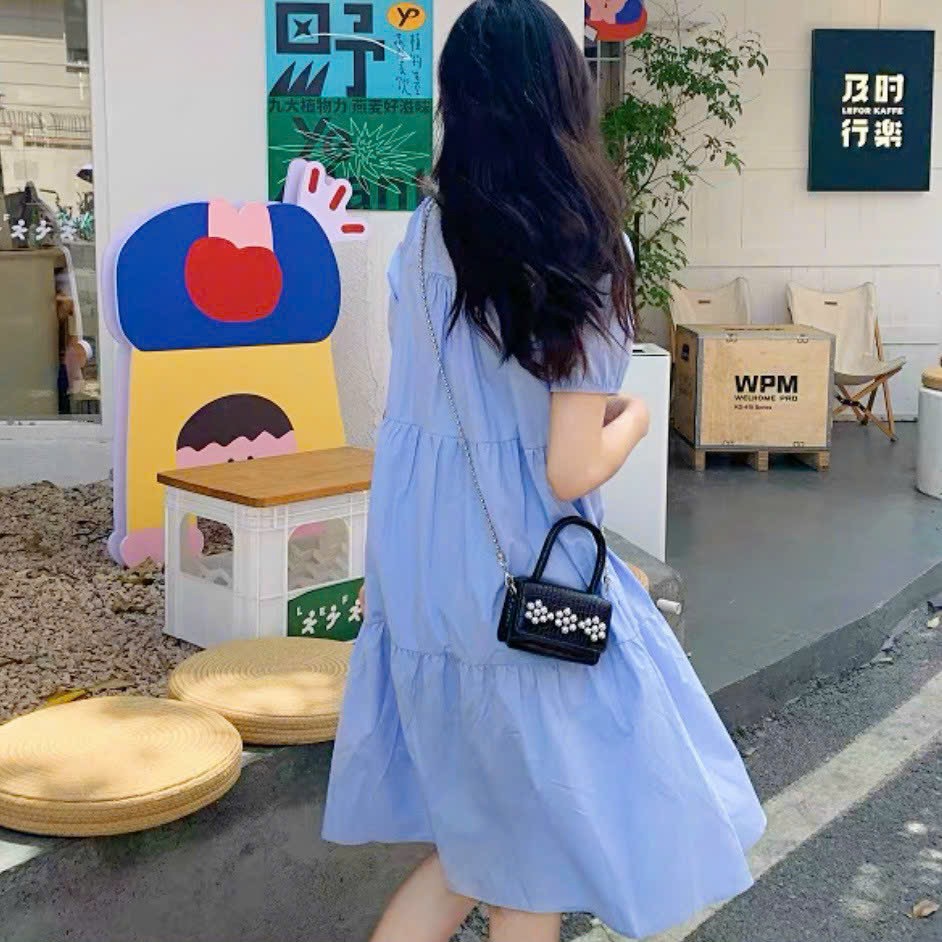 Đầm babydoll xanh nơ cổ