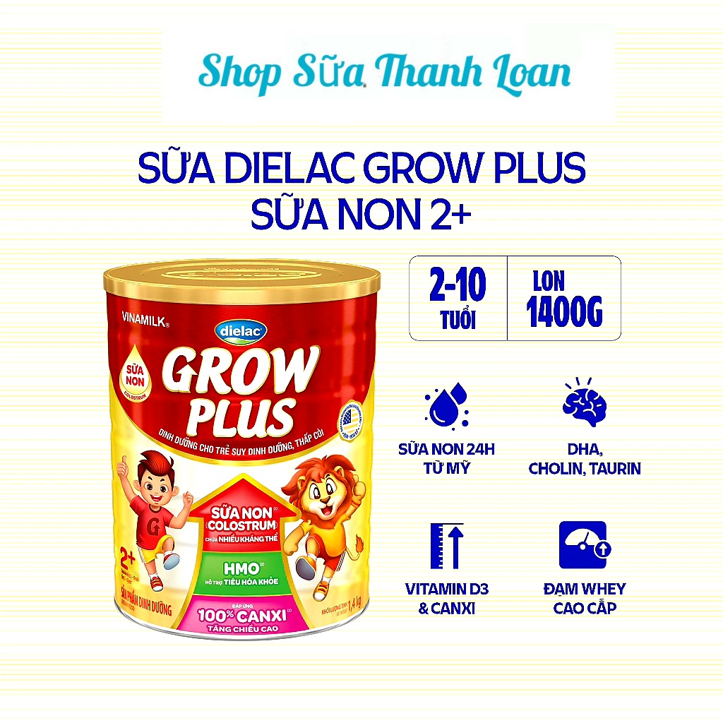 (HSD T6-2026) Sữa Bột Dielac Grow Plus 2+ HT 1400g (Sữa Non) (Cho Trẻ Từ 2 - 10 Tuổi).