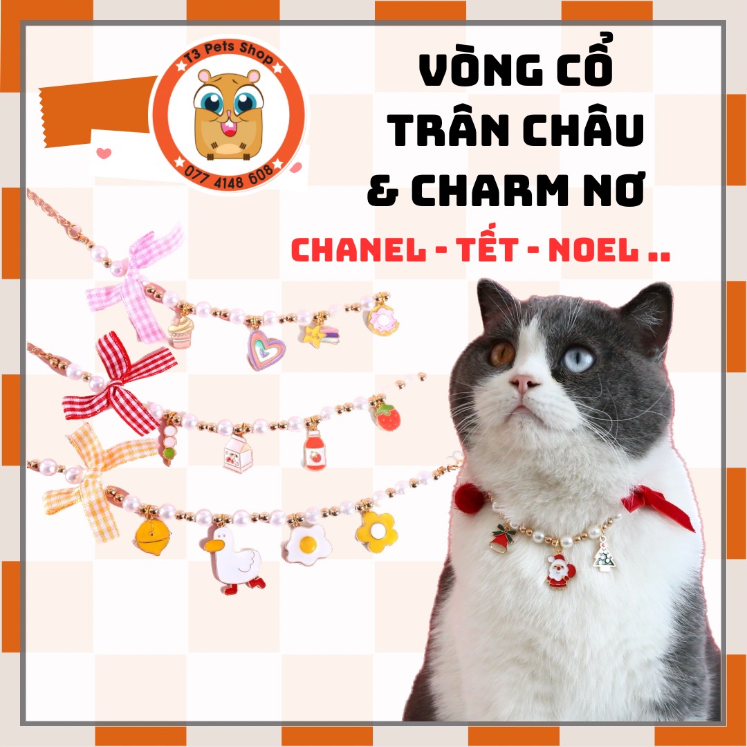 Vòng cổ trân châu có charm và nơ cho chó mèo