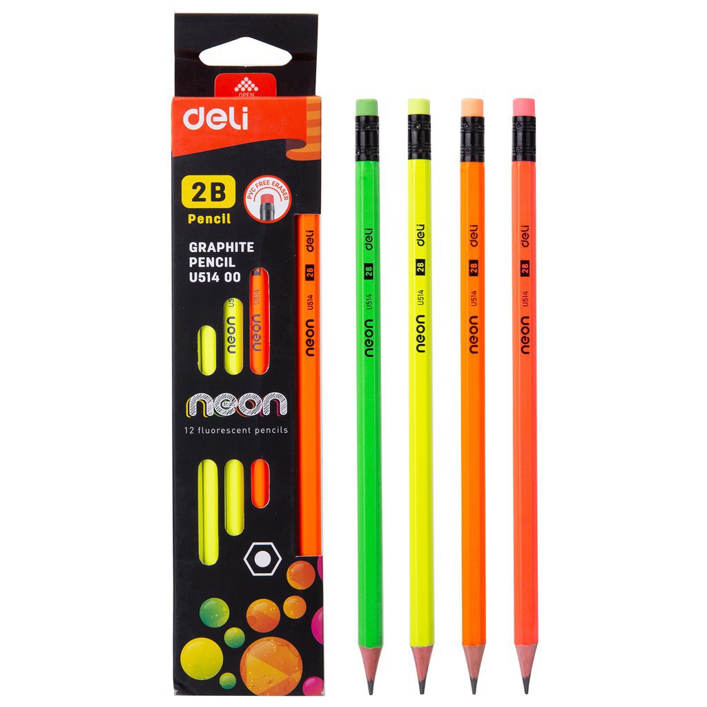 Hộp bút chì Deli U514 NEON - 2B (Hộp 12 chiếc)