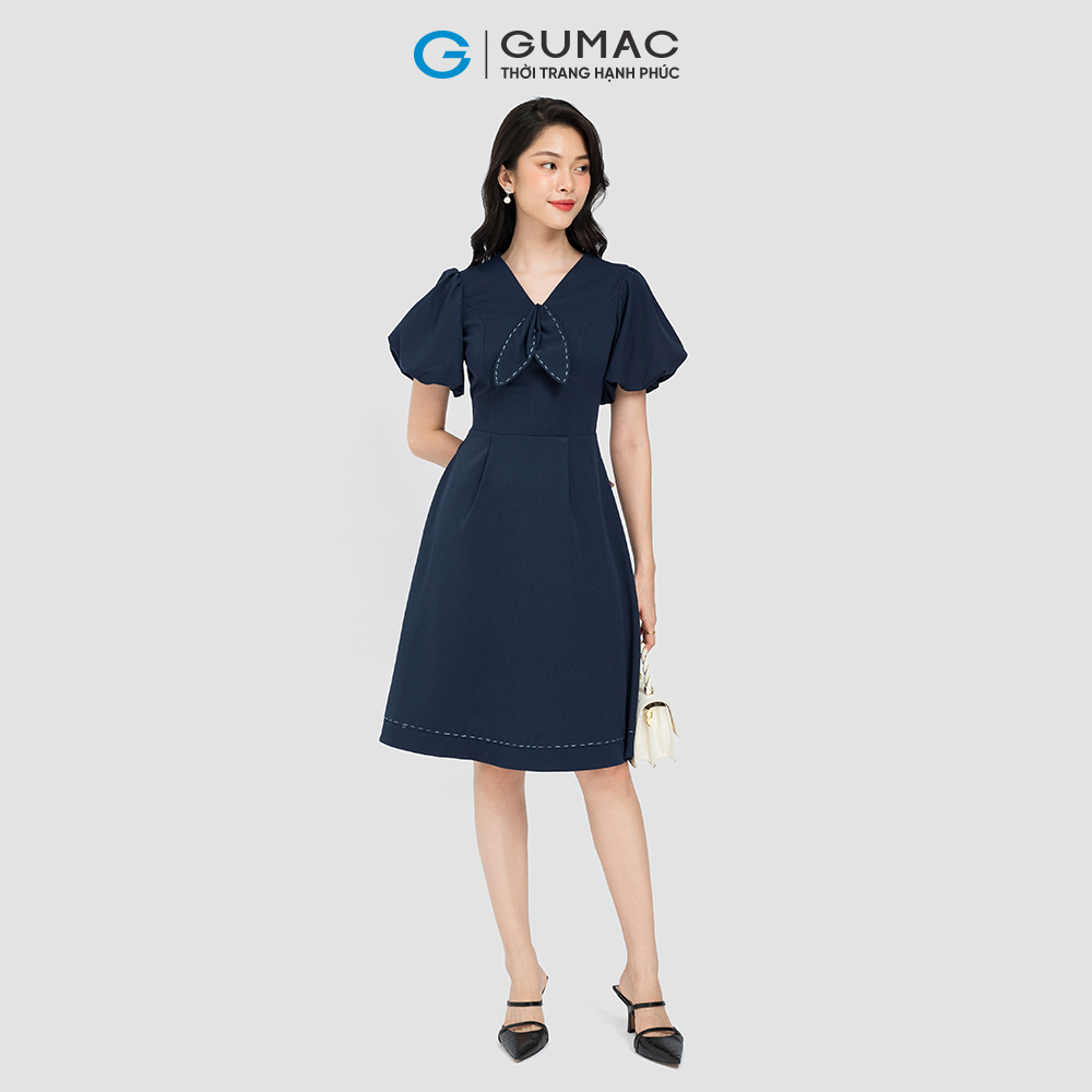 Đầm form A GUMAC, đầm nơ cổ phối chỉ DC08037