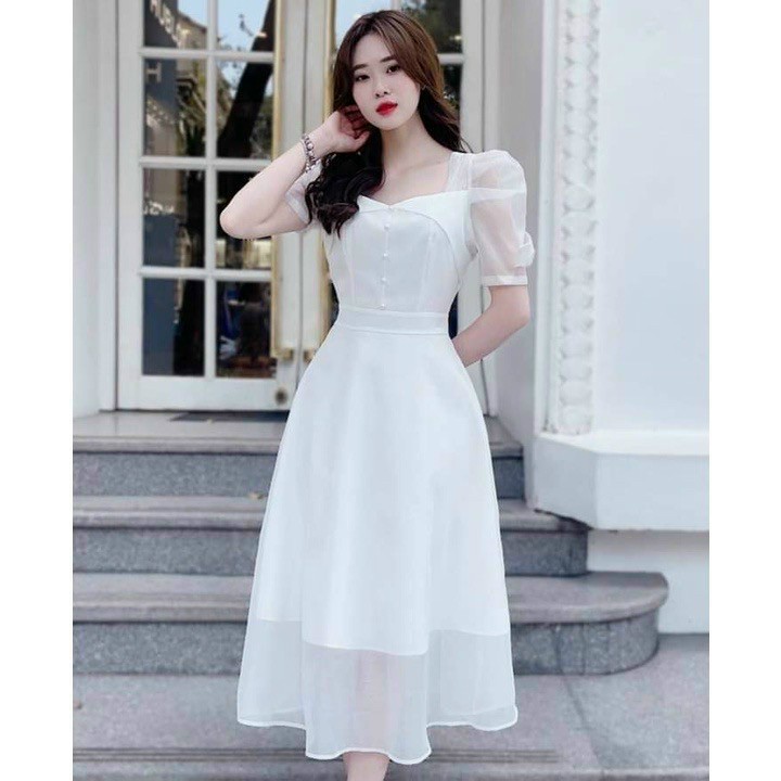 [Mới] Đầm Voan Cổ Vuông Tay Nơ Kết Cườm