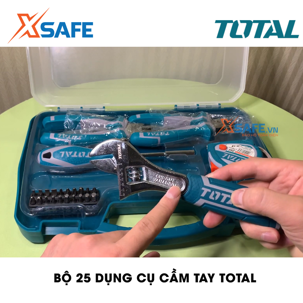 Bộ 25 công cụ dụng cụ cầm tay TOTAL THKTHP90256 phù hợp cho kỹ thuật, công trình, dân dụng.1 cái kiềm kết hợp 7", 1 kiềm cắt chéo 6" , 1 vặn có thể điều chỉnh 8", 1 thước dây,1 chuôi có nam châm 100mm. 20 đầu vít