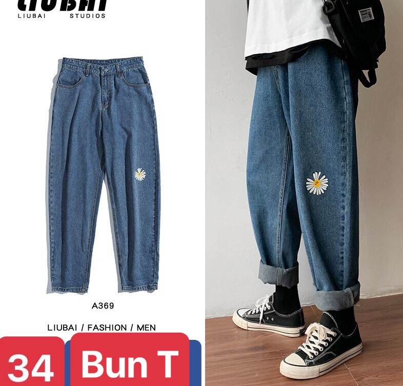 QUẦN BAGGY JEAN NAM CHẤT BÒ XANH THÊU HOA CÚC ỐNG RỘNG DÀI HOT TREND MÙA HÈ DB-34 - TRANG BUN FASHION