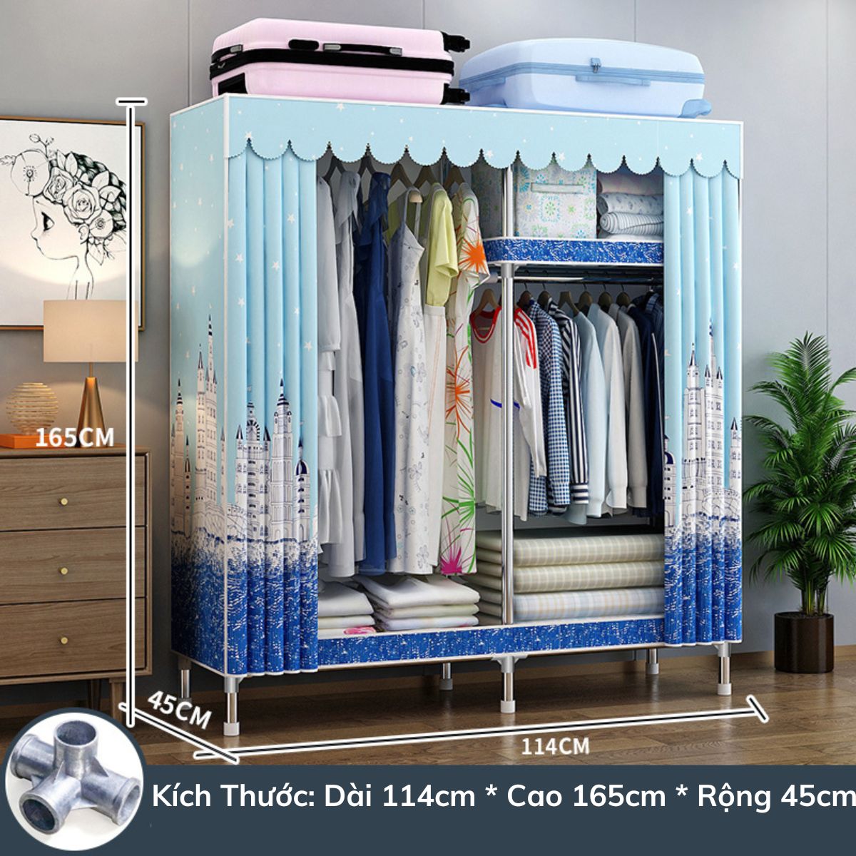 Tủ vải Đựng Quần Áo khung thép 4 buồng cỡ lớn titan tủ vải Metal cỡ lớn đựng quần áo