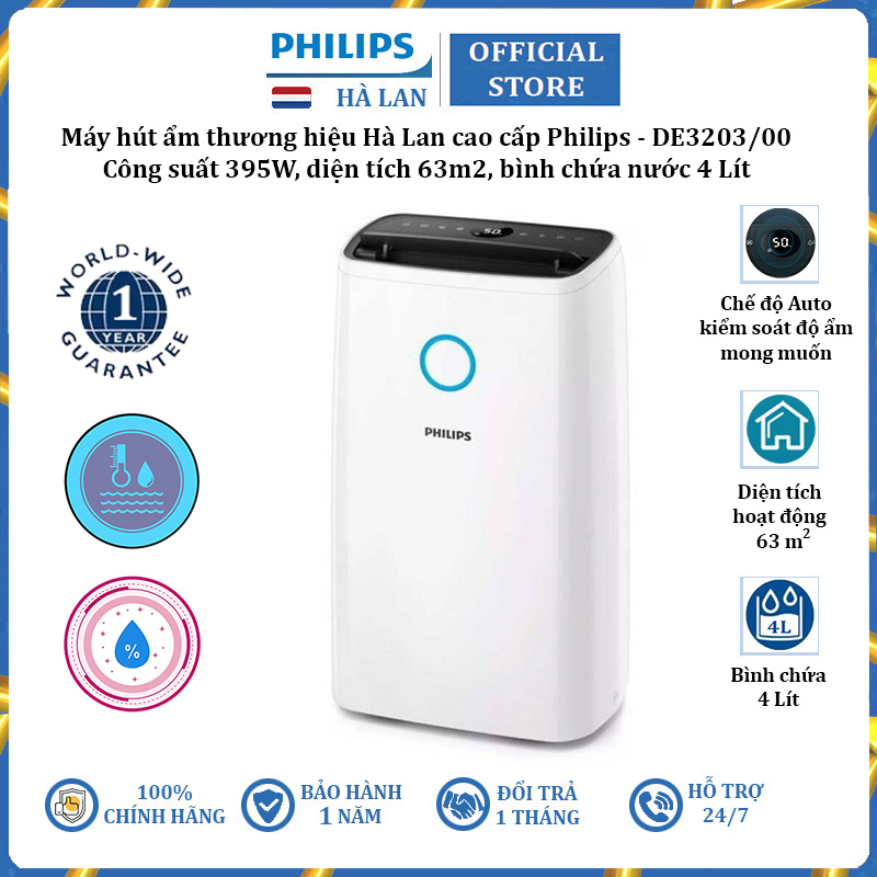 Philips de3203/00 dehumidifier, capacity 395W, water tank capacity 4 liters, area of 63m2-Original