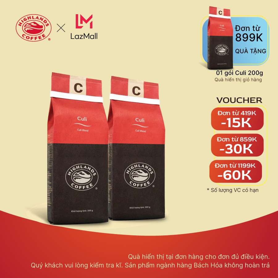 [Tặng thêm cà phê cho đơn từ 899K] COMBO 2 gói cà phê rang xay Culi Highlands Coffee 200g