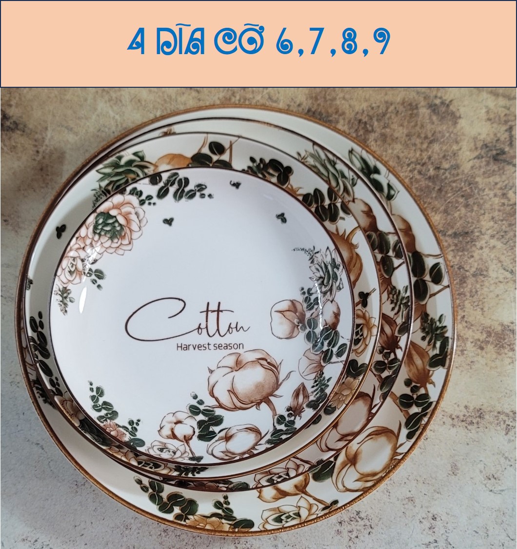 BỘ TÔ, CHÉN, ĐĨA GỐM SỨ HOA VĂN COTTON 4D (GỒM 3 TÔ LOE, 4 ĐĨA ẢO, 10 CHÉN CƠM) + TẶNG 10 ĐÔI ĐŨA GỖ LÊ VÂN