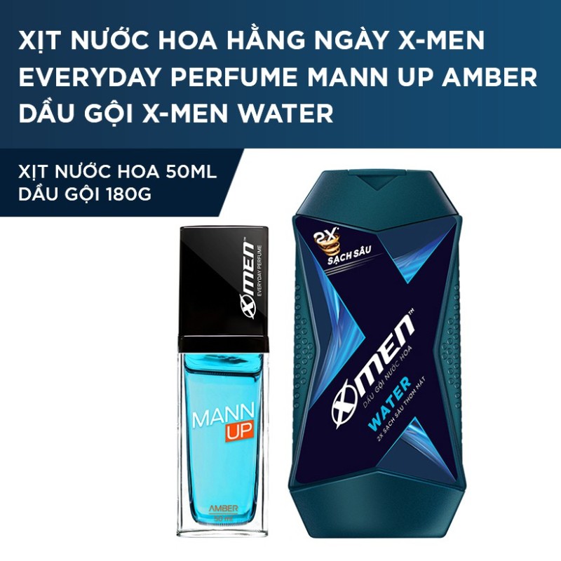 X Men -   Xịt nước hoa hằng ngày X-Men Everyday Perfume Mann Up Amber 50ml + Dầu Gội X-men Water 180g  - Giá Sỉ