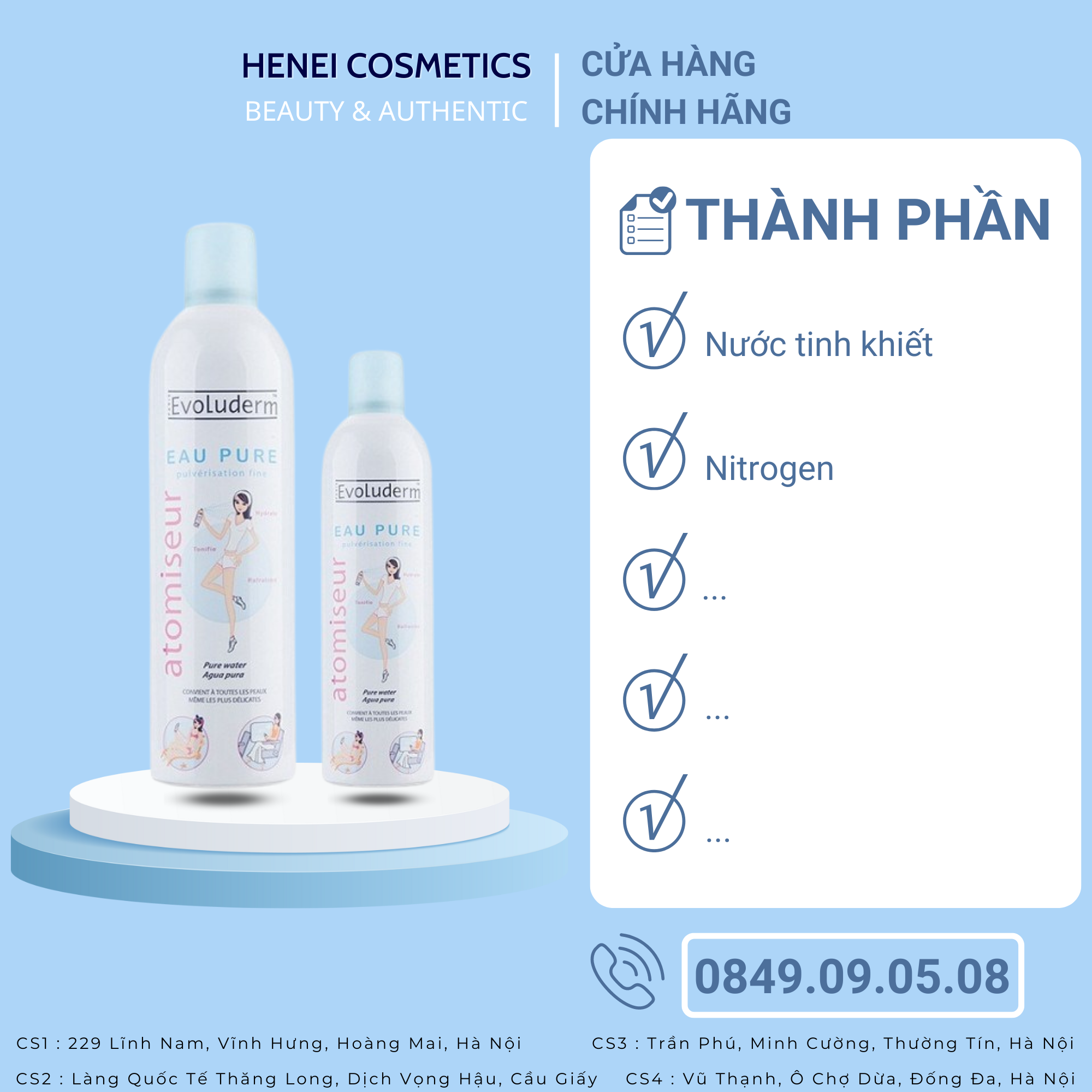 Xịt Khoáng Dưỡng Da Cấp Ẩm Evoluderm Atomiseur Eau Pure 150ml, 400ml