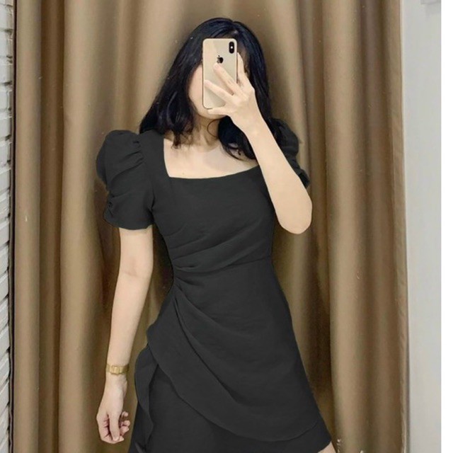 Đầm cổ vuông nhún eo oganza ( có bigsize )