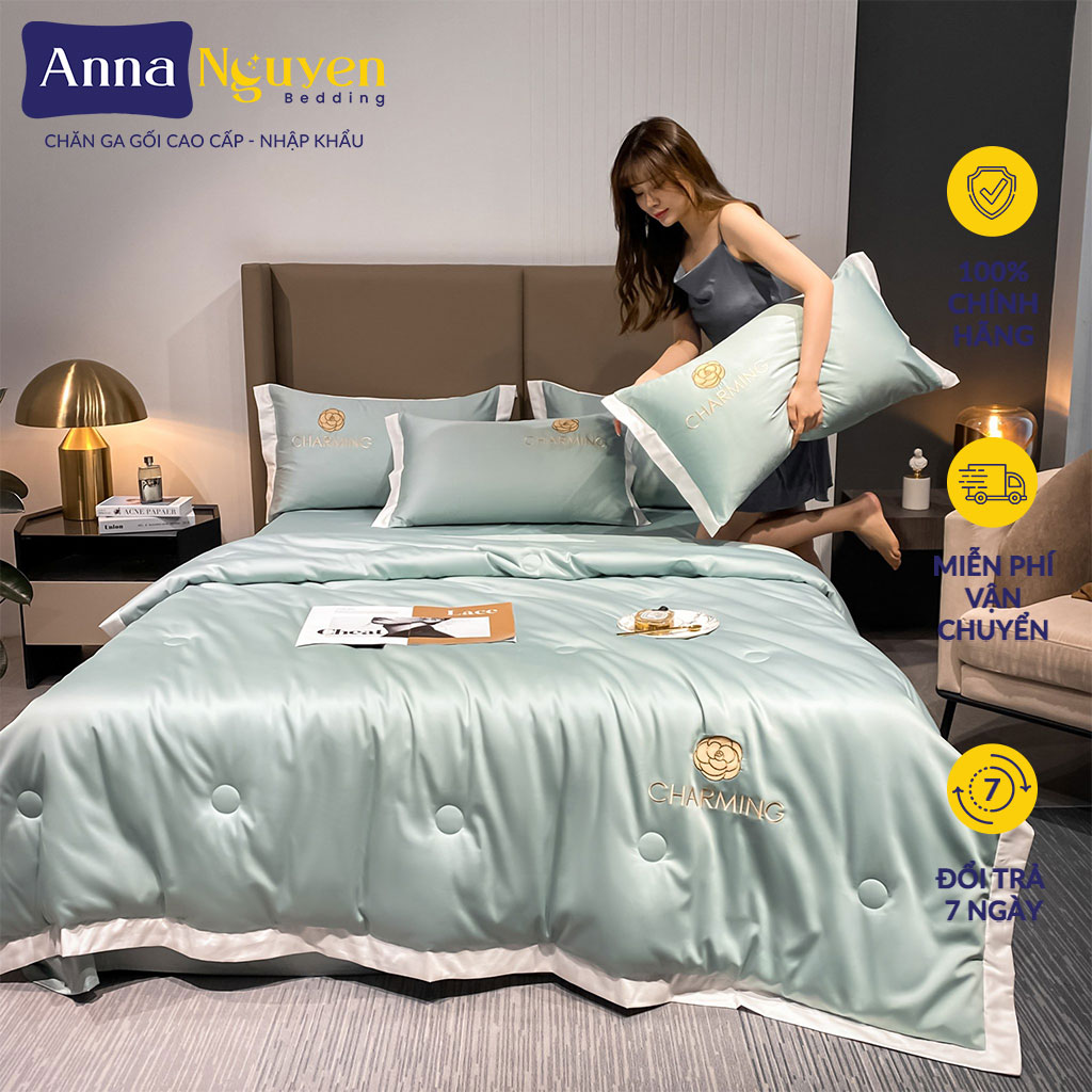 Bộ Chăn Ga Gối Đệm Phi Lụa Charming Drap Giường Phi Lụa Cao Cấp Bo Chun Drap - Anna Nguyen Bedding