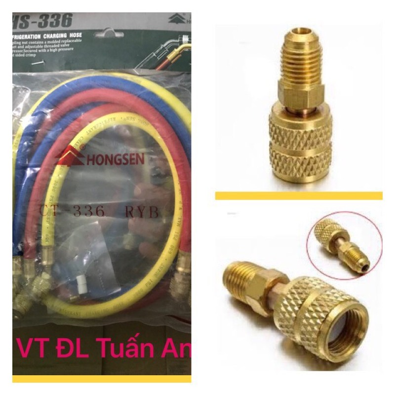 Combo Bộ 2 Dây Đo Nạp Gas Hongseng +1 Đầu Chuyển Đổi Gas R22 Sang R410,R32