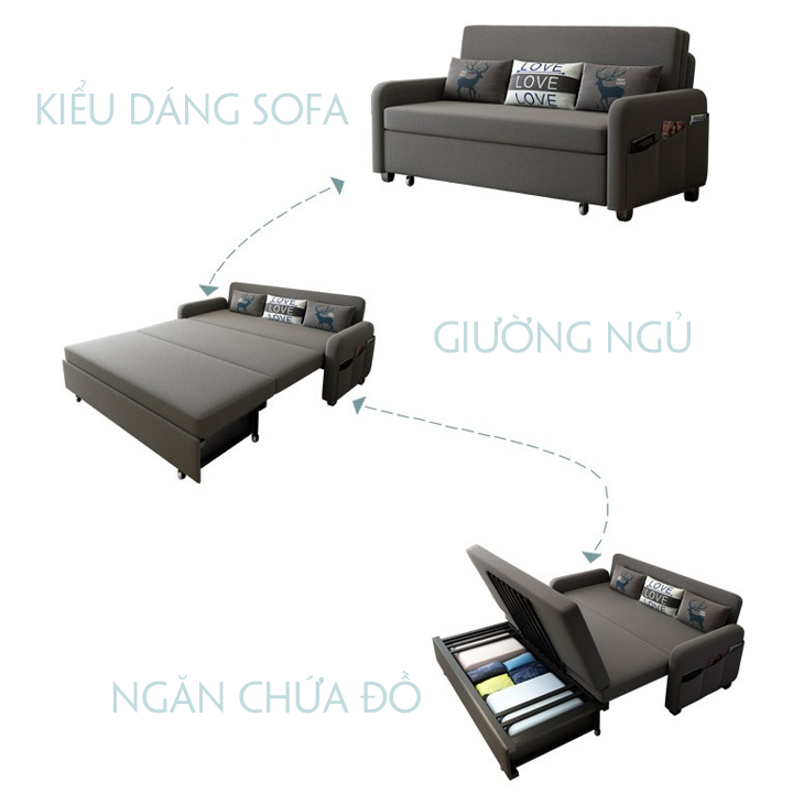 Giường sofa thông minh gấp gọn có hộc đựng đồ thế hệ mới với khung hoàn bằng sắt sơn tĩnh điện.KT: 1m6 x 1m9