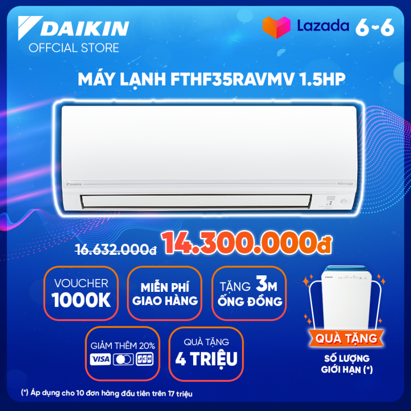 Bảng giá Máy Lạnh Daikin Inverter 2 chiều FTHF35VAVMV - 1.5HP (12000BTU) Tiết kiệm điện - Luồng gió Coanda - Tinh lọc không khí - Độ bền cao - Bảo vệ bo mạch - Chống ăn mòn - Làm lạnh nhanh - Hàng chính hãng
