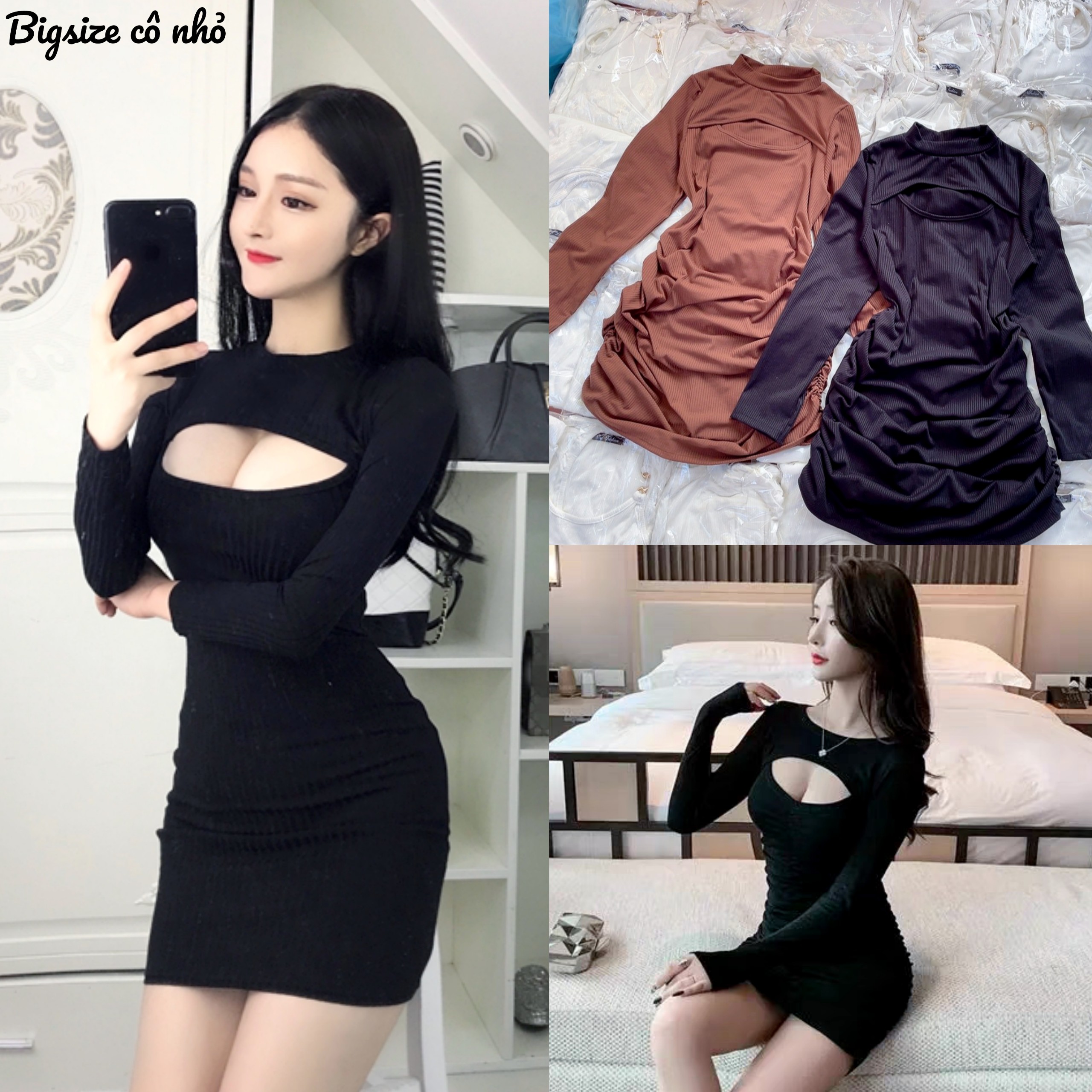 Đầm váy body nữ bigsize tay dài xẻ ngực,áo kiểu big size chất liệu thun gân co giãn tôn eo tôn dáng g71