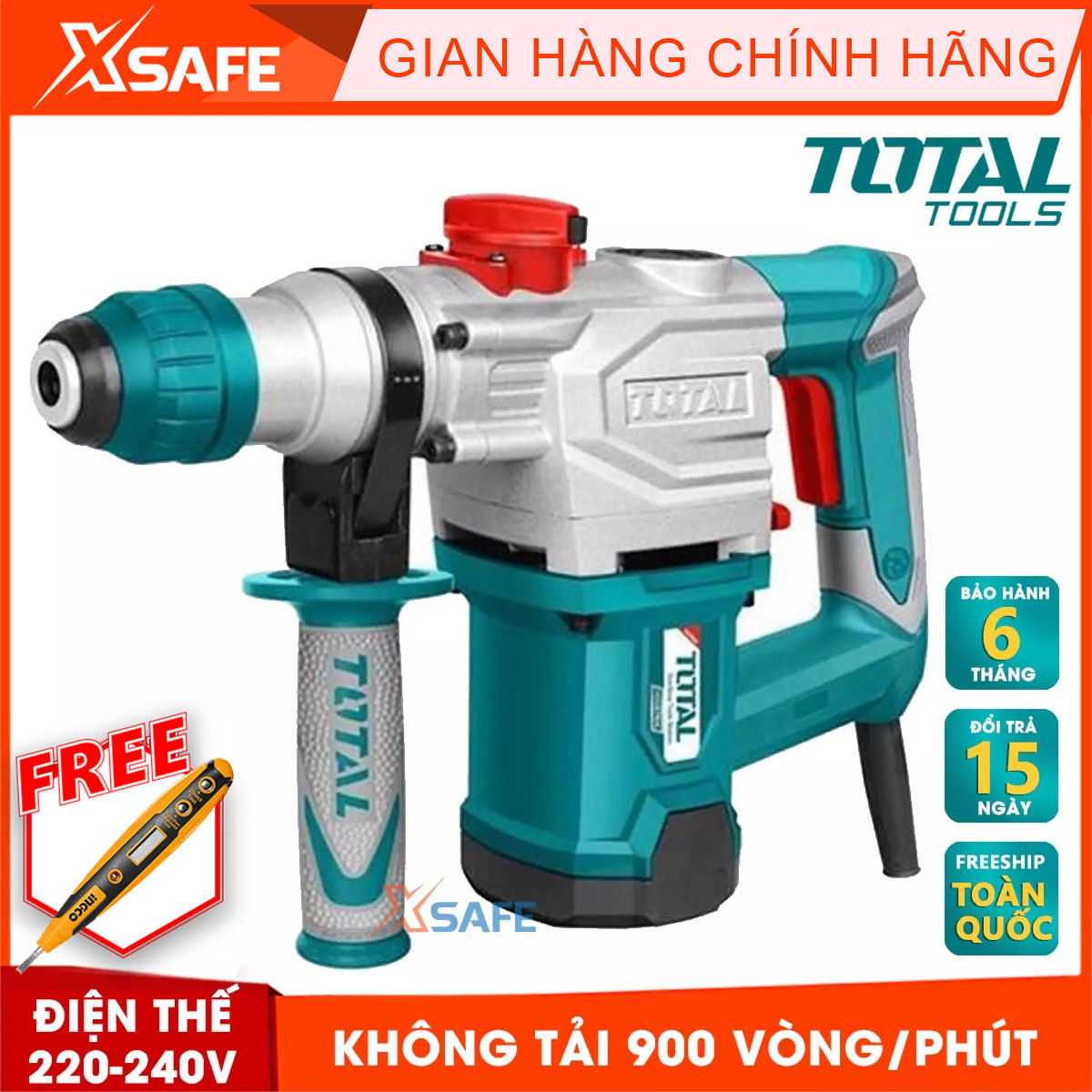 Machine drill chisel concrete 1050W TOTAL TH110286 bundled 3 drill bit Tuck and 2 tip chisel. Machine drill chisel hand have no-load 0 - 900 rpm/min, speed hammer 0 - 4000 times/min, genuine warranty 6 months-product genuine XSAFE