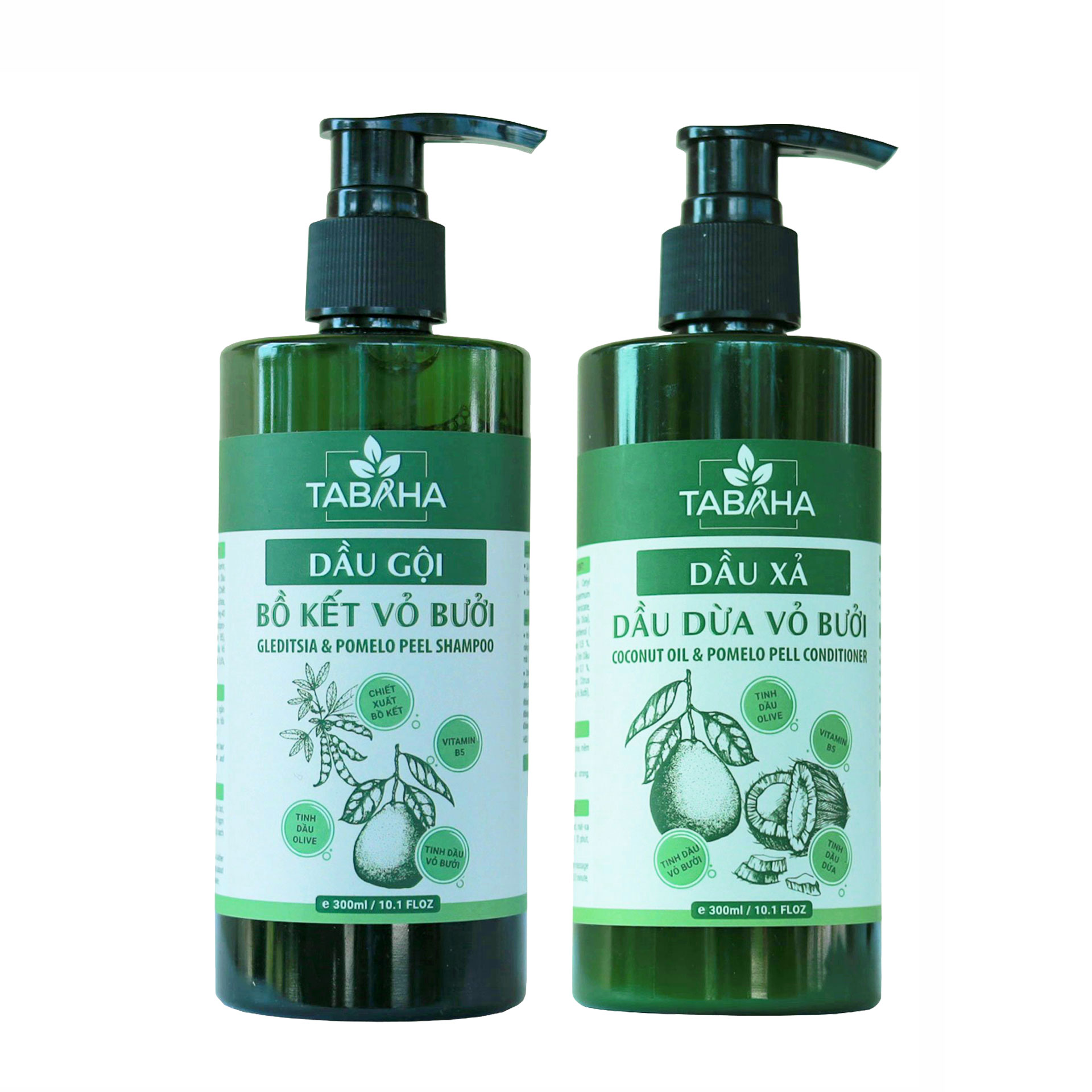 Bộ DẦU GỘI và DẦU XẢ TABAHA Bồ Kết Vỏ Bưởi Dầu Dừa 300ml x 2 giúp ngăn rụng dưỡng ẩm tóc