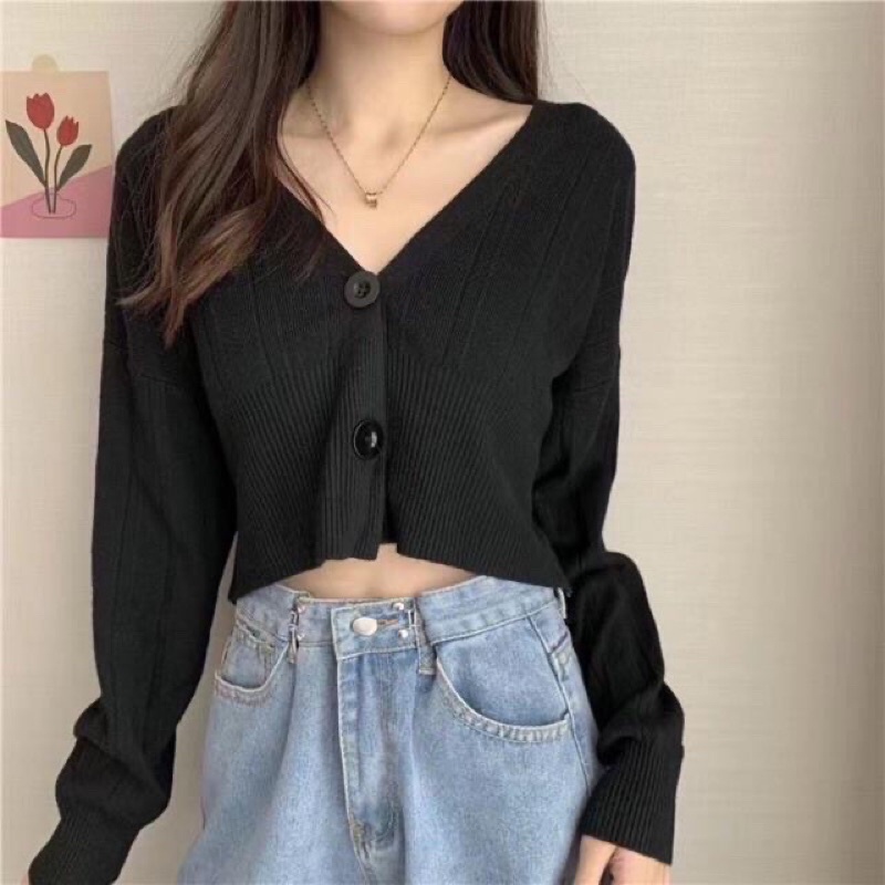 Áo khoác len cadigan nữ dài tay 2 khuy to dáng croptop