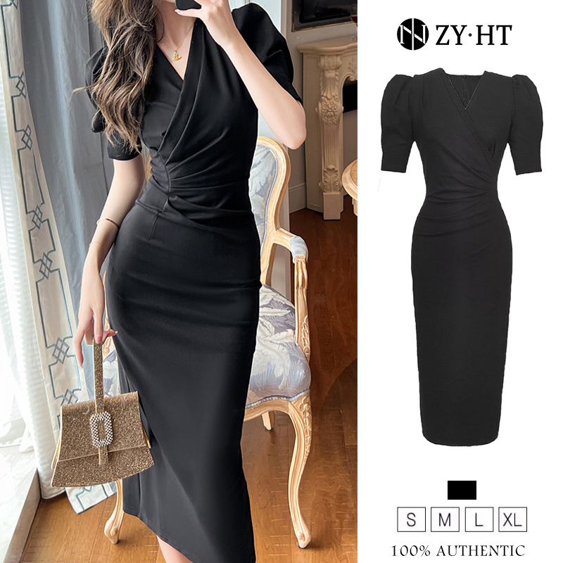 ZYHT eravogue đầm body Khí chất đầm công sở phong cách cổ điển Mảnh mai cổ chữ v váy đen 30111