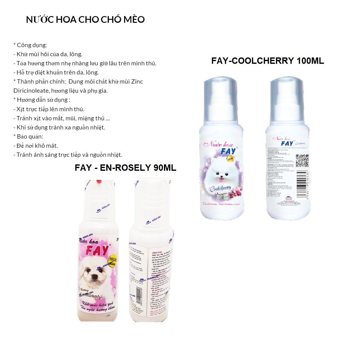 Nước hoa chó mèo Fay 🏷️ FREESHIP🏷️ Xịt khử mùi cho chó mèo có hương Cool Cheery Fragranc 100ml, hương En-rosely 90ml, nước hoa chính hãng FAY Việt Nam giá rẻ