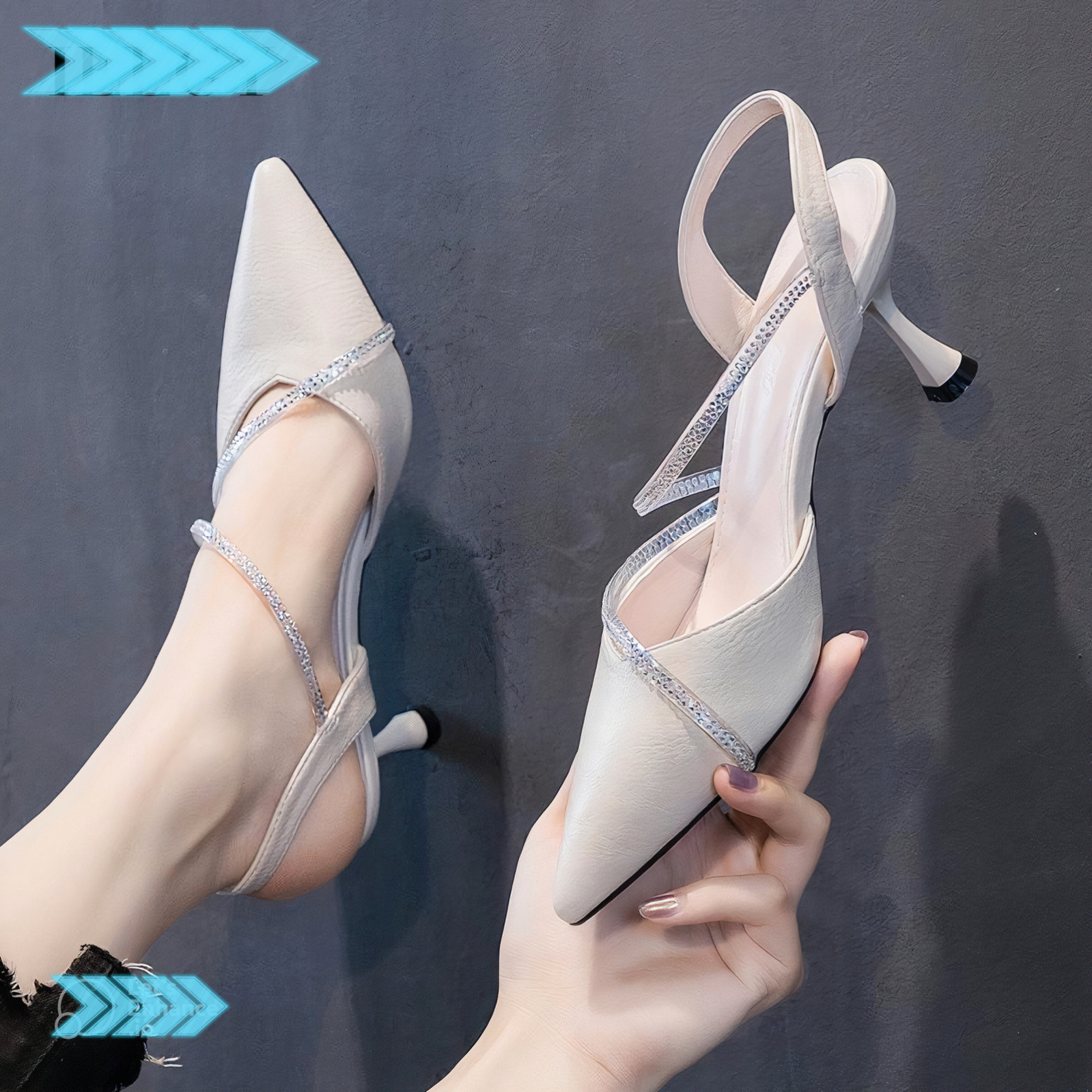 Giày nữ gót nhọn phối dây đá cao 7cm (Fom to 1.5 ) - V7