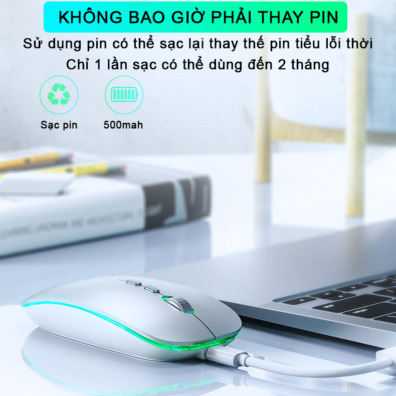 Chuột không dây wireless sạc pin Sidotech Inphic M5 bản nâng cấp chuột bluetooth của M1P thiết kế silent tắt tiếng click  / có LED / con lăn kim loại / sạc 1 lần dùng 8 tuần / phong cách chuột Macbook Apple cho máy tính laptop -Chính hãng