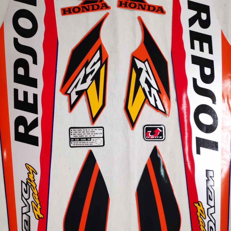 Trọn bộ tem MẪU ZIN dán DÀN ÁO xe WAVE REPSOL (XE màu đỏ)