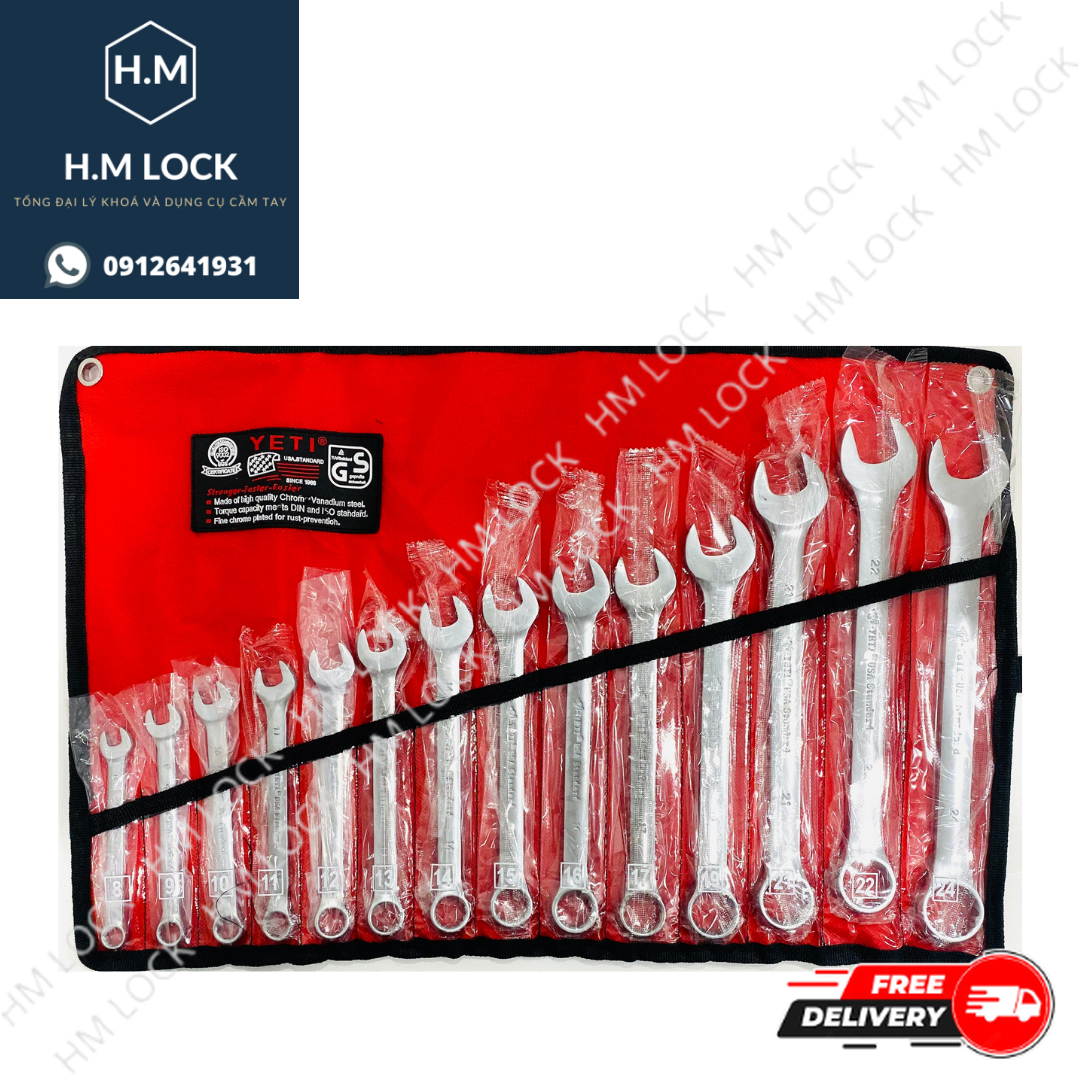 Bộ cờ lê vòng miệng 14 chi tiết 8-24mm yeti - thép vanadium không gỉ cao cấp - hm lock - hn14824