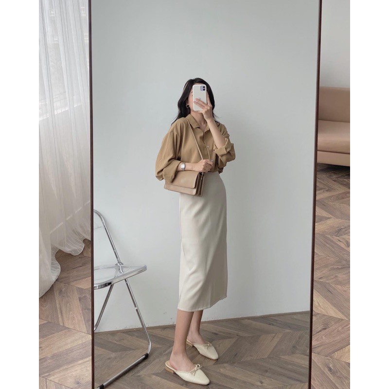 Set Áo Sơ Mi Nữ Và Chân Váy Xẻ Tà Công Sở (ẢNH THẬT+VIDEO)