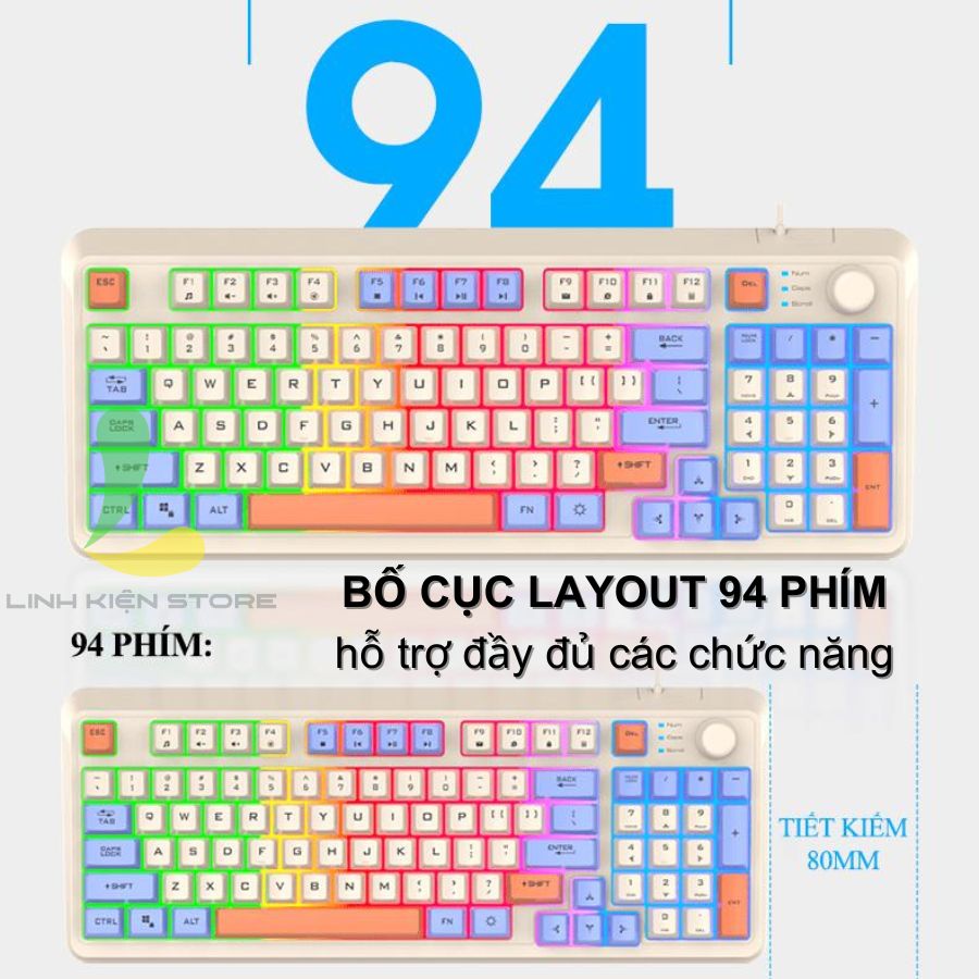 Bàn phím giả cơ gaming XUNFOX K82 - Bàn phím chơi game thiết kế 94 phím có đèn led 7 màu kèm theo nút vặn âm lượng