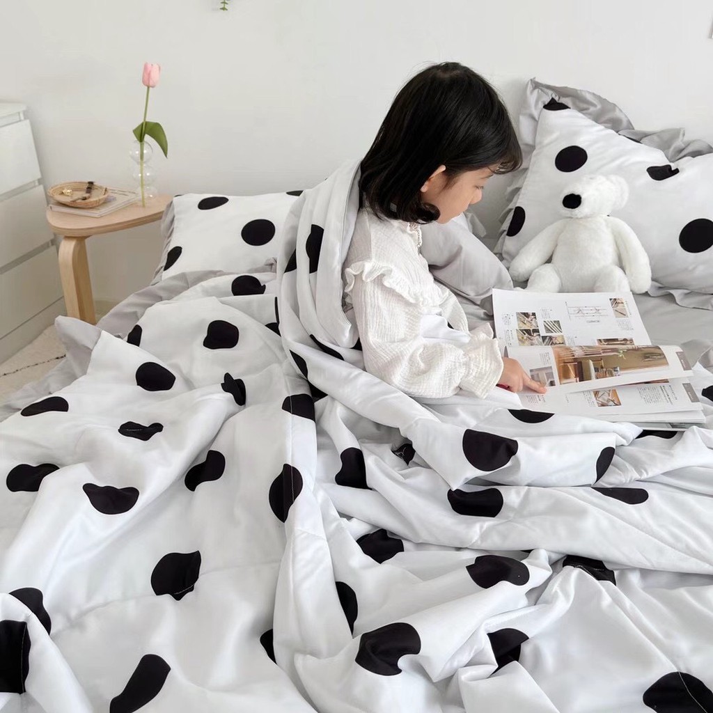 Bộ Chăn Ga Gối Cotton Đũi ( Chần Mền Hè) Chấm Bi