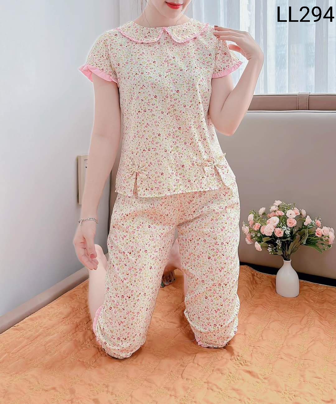 (Bunnysky) Đồ bộ mặc nhà nữ, lửng lụa hoa nhí mềm mát