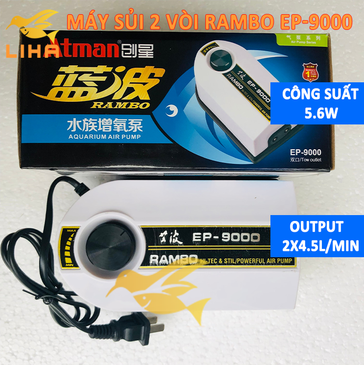 Máy Sủi Oxy 2 Vòi Atman Rambo EP9000 (5.6W-2x4.5Lít/Phút) - Sủi Oxi Siêu Êm Cho Bể Cá