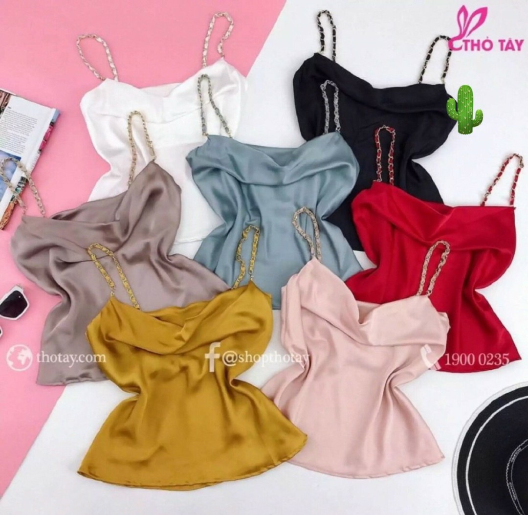 Áo 2 dây xích phi lụa cổ đổ sang chảnh
